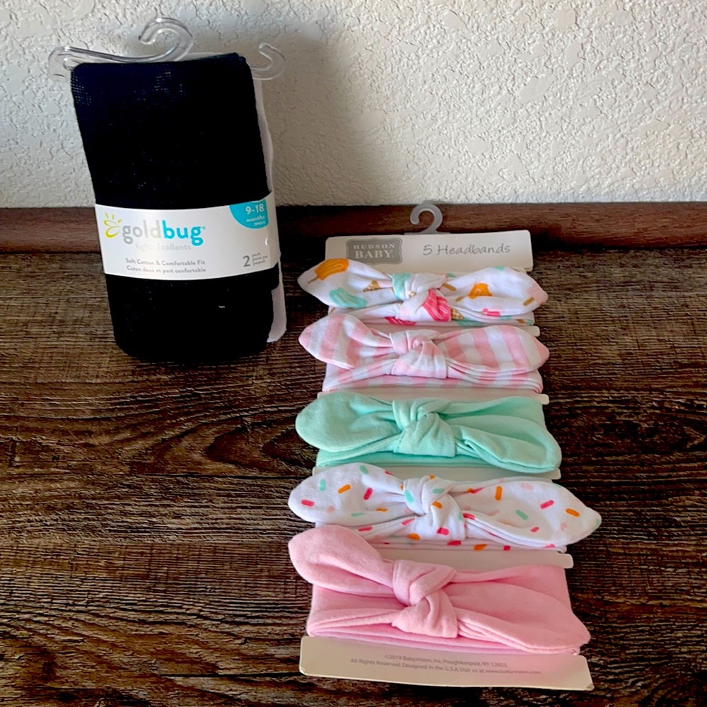 5 Headbands & 2 pair Goldbug Cotton Tights - New